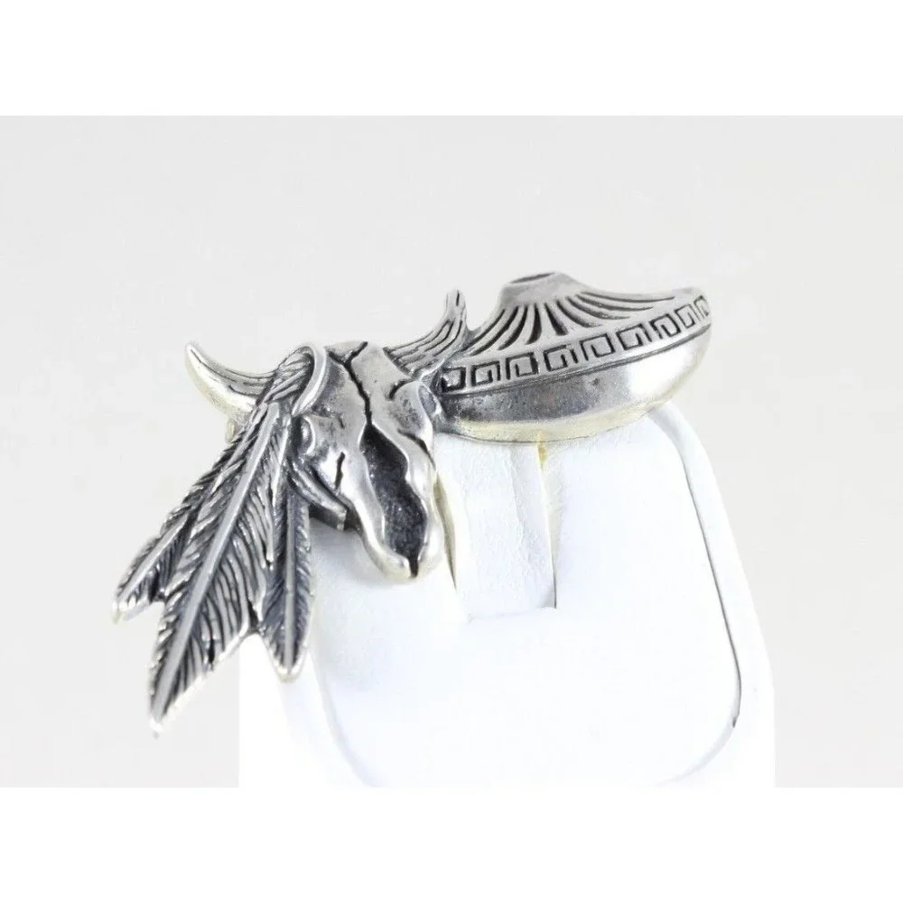 Vintage Sterling Silver Western Pin Brooch Steer Feather and Bowl - Picture 4 of 5